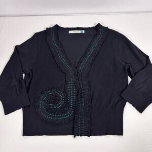 Sparrow Anthropologie Black Cardigan with Whimsical Green Stitching Size XL 1071